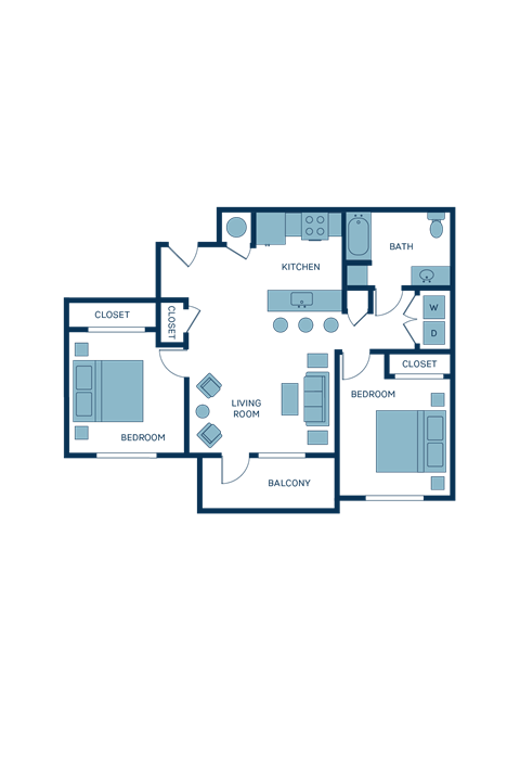 a floor plan of a bedroom apartment with a kitchen and a living room